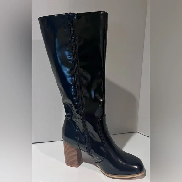 Leila Stone Vegan Black Patent Leather Cynira Knee-High Boots Block Heel Size 10 - Picture 10 of 12